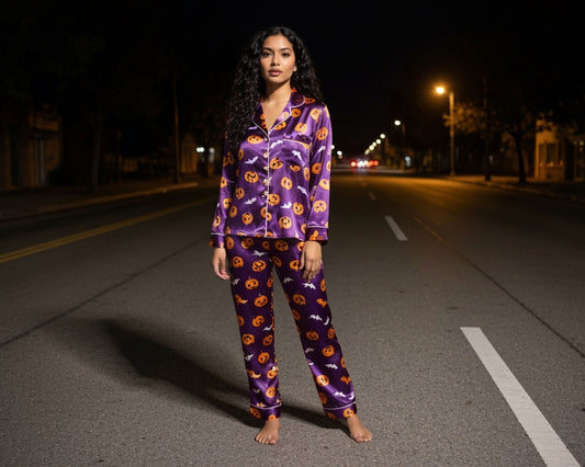 Purple Satin Halloween Pajamas – Pumpkin Design Sleepwear Set