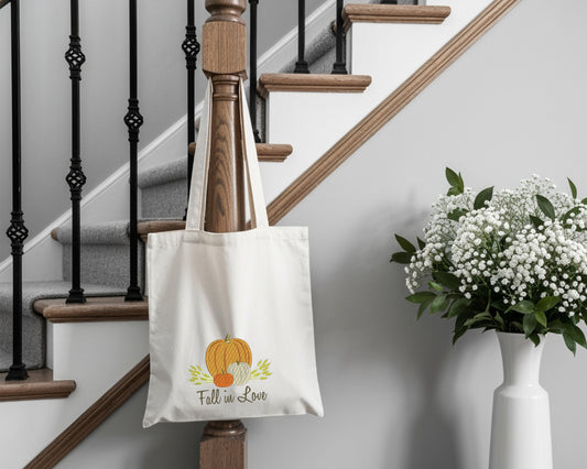 Fall in Love Thanksgiving Embroidery Tote Bag – Autumn Pumpkin Design
