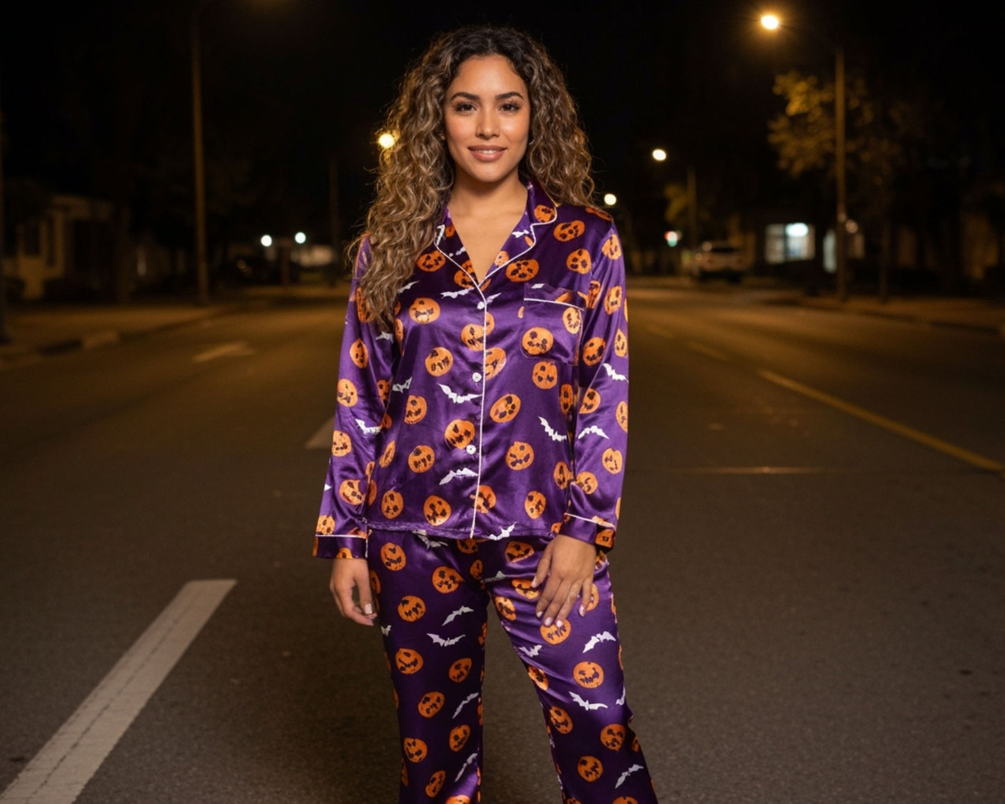 Purple Satin Halloween Pajamas – Pumpkin Design Sleepwear Set
