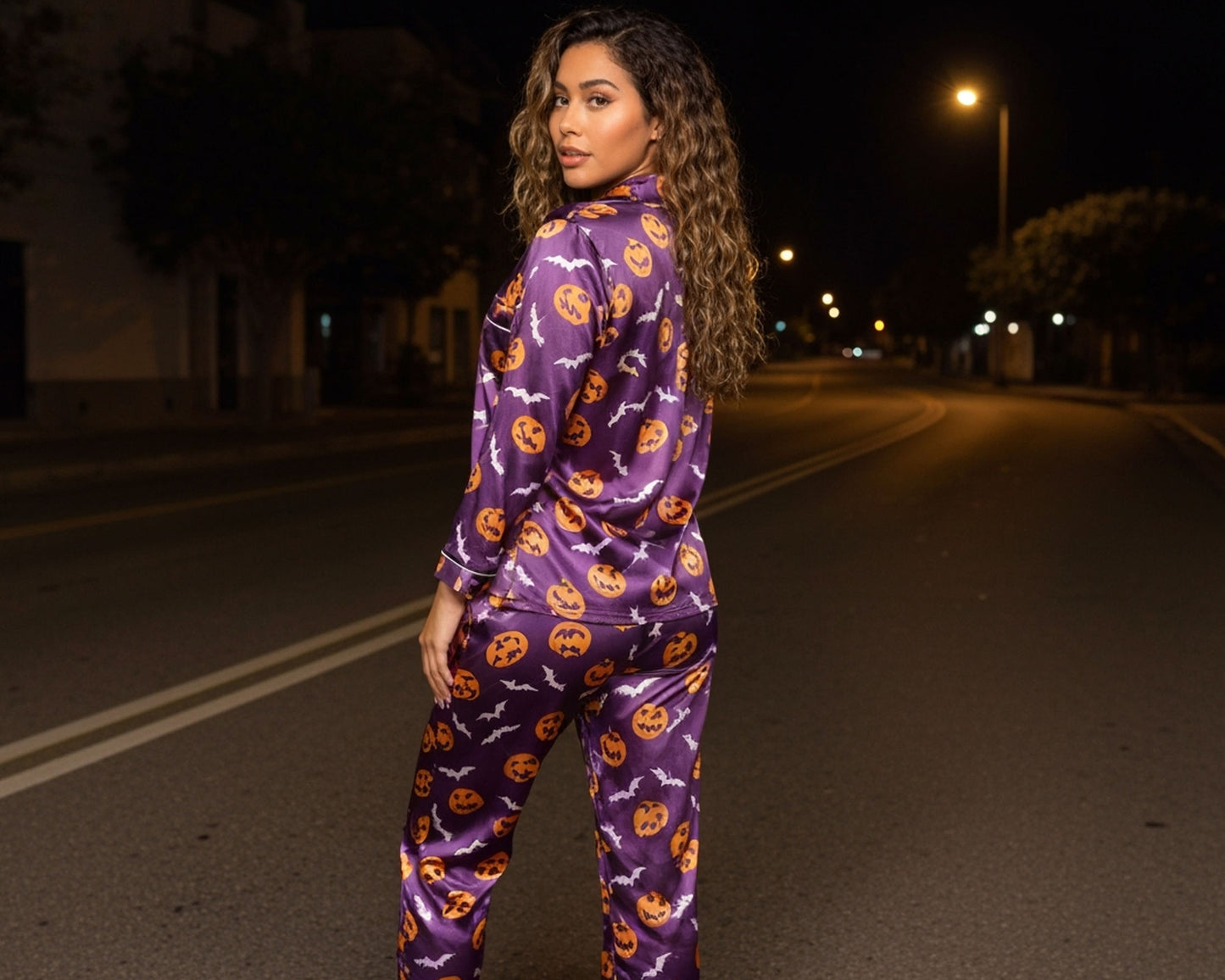 Purple Satin Halloween Pajamas – Pumpkin Design Sleepwear Set