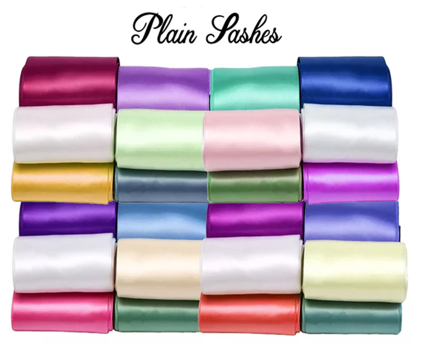 A neatly stacked collection of shiny, rolled satin ribbons in various vibrant colors, arranged in rows.