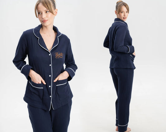 Custom Muslin Embroidered Pajamas Cotton Sleepwear Set with Name Matching Family Pajamas