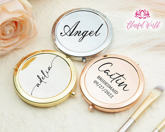 Personalized Compact Mirror with Birth Flower, Bridesmaid Proposal, Engraved Pocket Mirror, Birthday Gift, Custom Name Gift, Wedding Favor