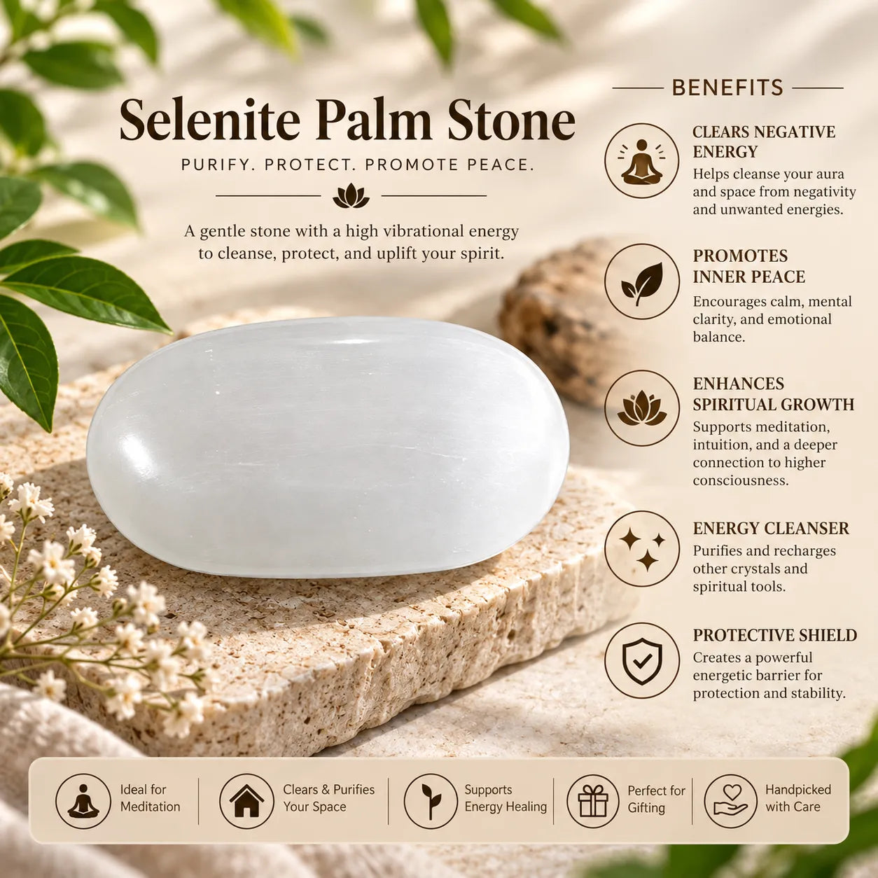 Natural Selenite Palm Stone for Meditation & Energy Cleansing