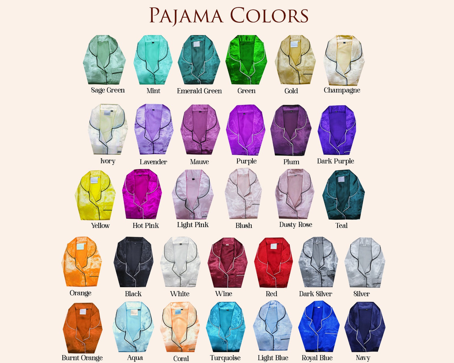 Chart displaying various pajama color options with corresponding names.