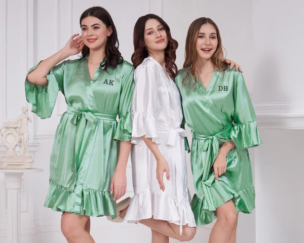 Satin ruffle bridesmaid robes, personalized.