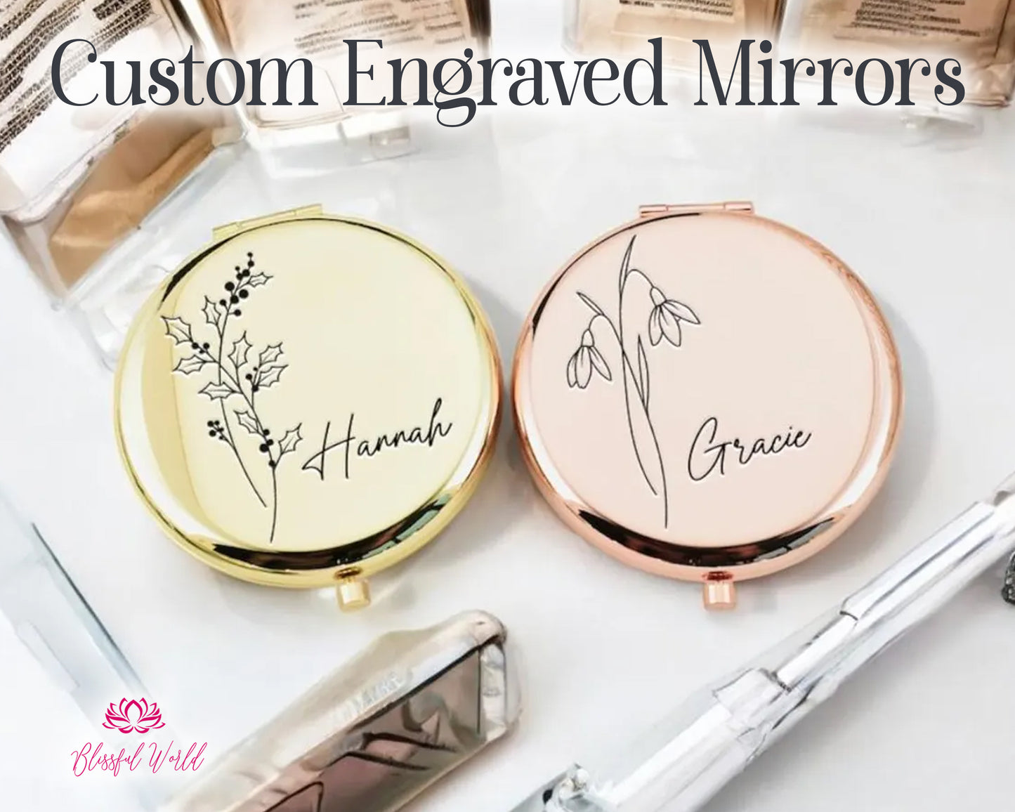 Personalized Compact Small Round Pocket Magnifying Mirror Bridesmaid Favor