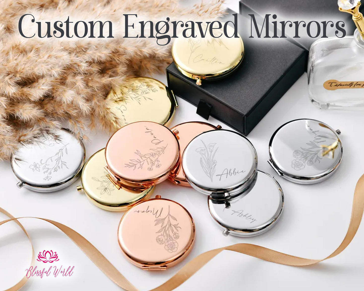 Personalized Compact Mirror with Birth Flower Bridesmaid Proposal Engraved Pocket Mirror Birthday Gift Custom Name Gift