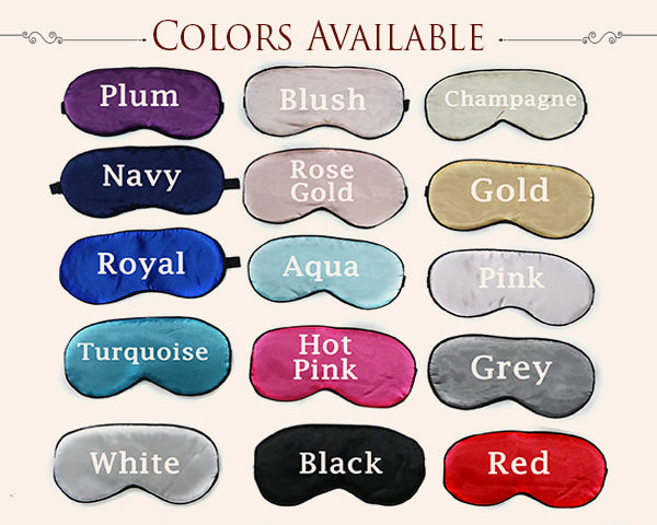 Various colored sleep masks displayed with color names above each.