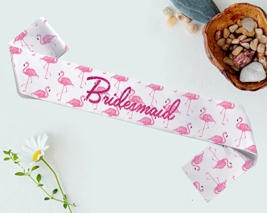 Vibrant custom sash with a stylish flamingo print, perfect for tropical-themed parties, bachelorette events, and special celebrations.