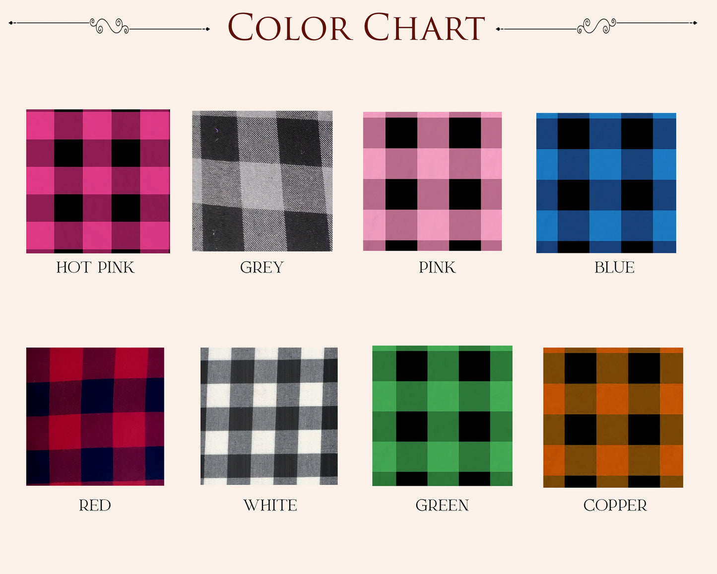 Cotton flannel fabric color chart guide with labeled swatches.