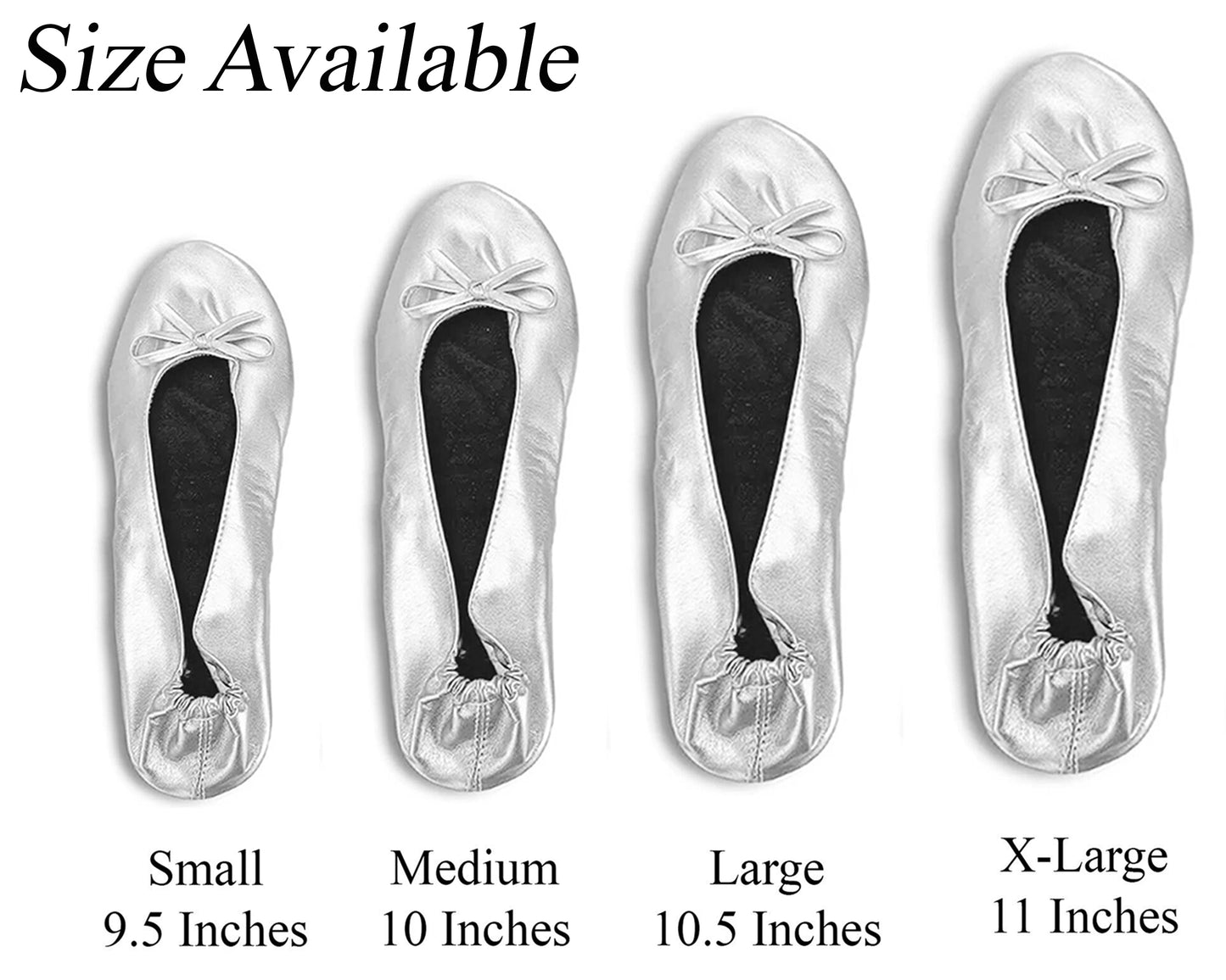 Silver ballet flats with size labels on a white background