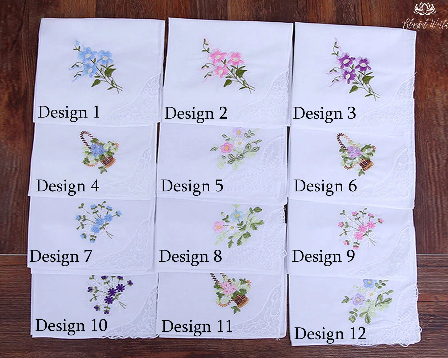 Set of embroidered handkerchiefs with floral designs on a wooden surface