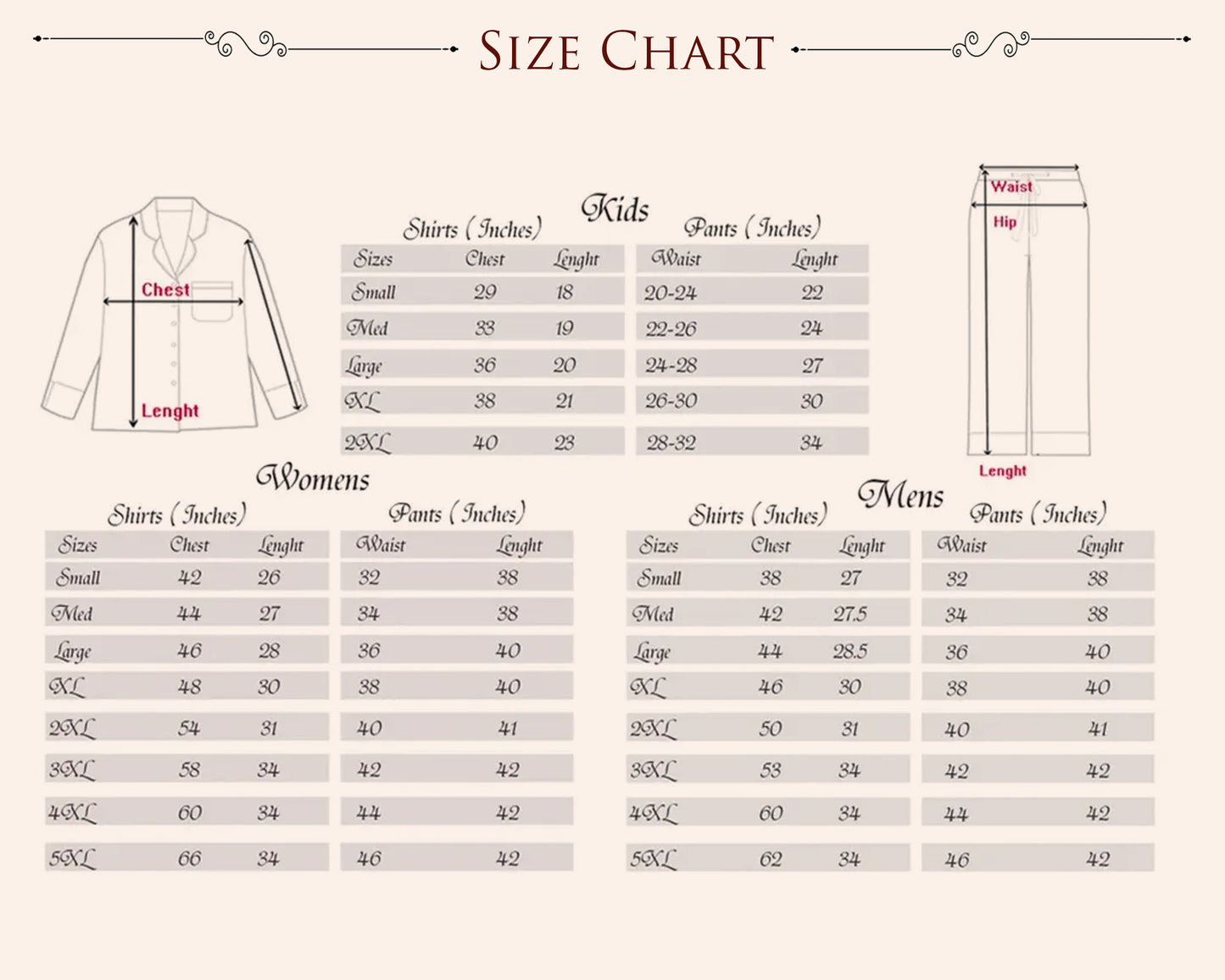 size chart guide usa at blissful world