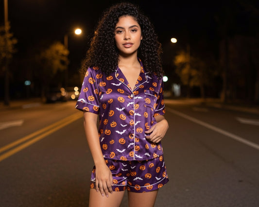 Woman wearing a purple Halloween-themed pajama set on a street at night.