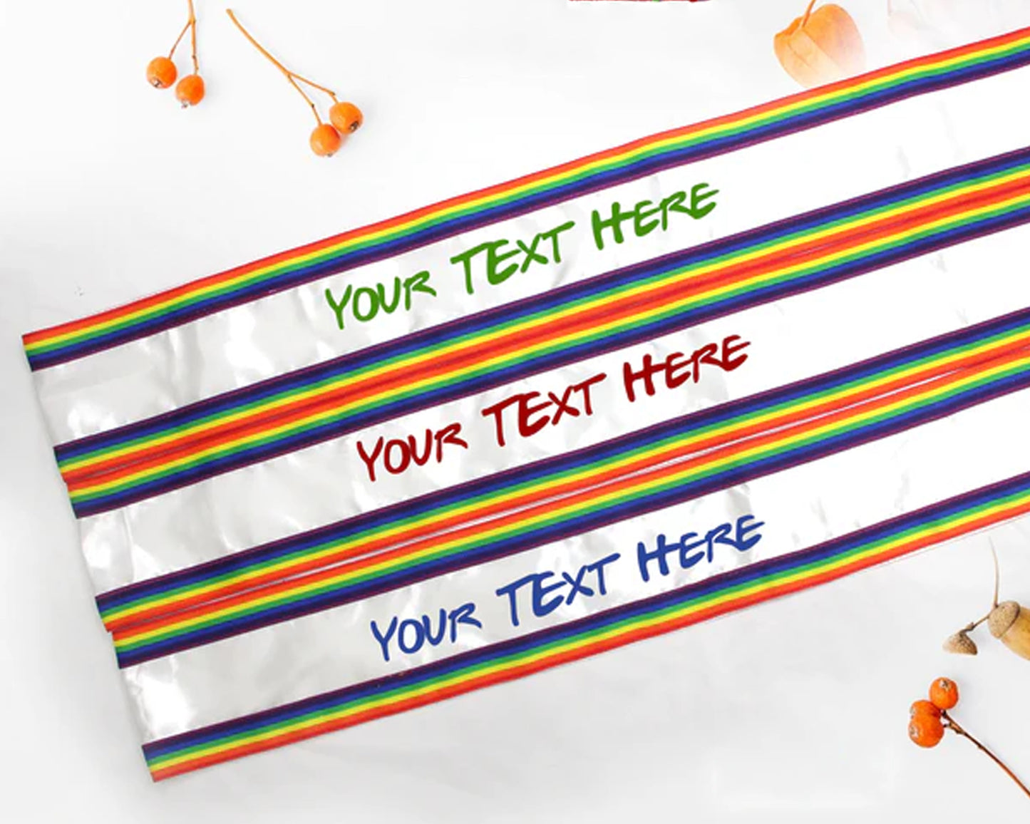 Custom white sashes with bold rainbow borders, symbolizing LGBTQ+ pride, featuring customizable text in vibrant colors.