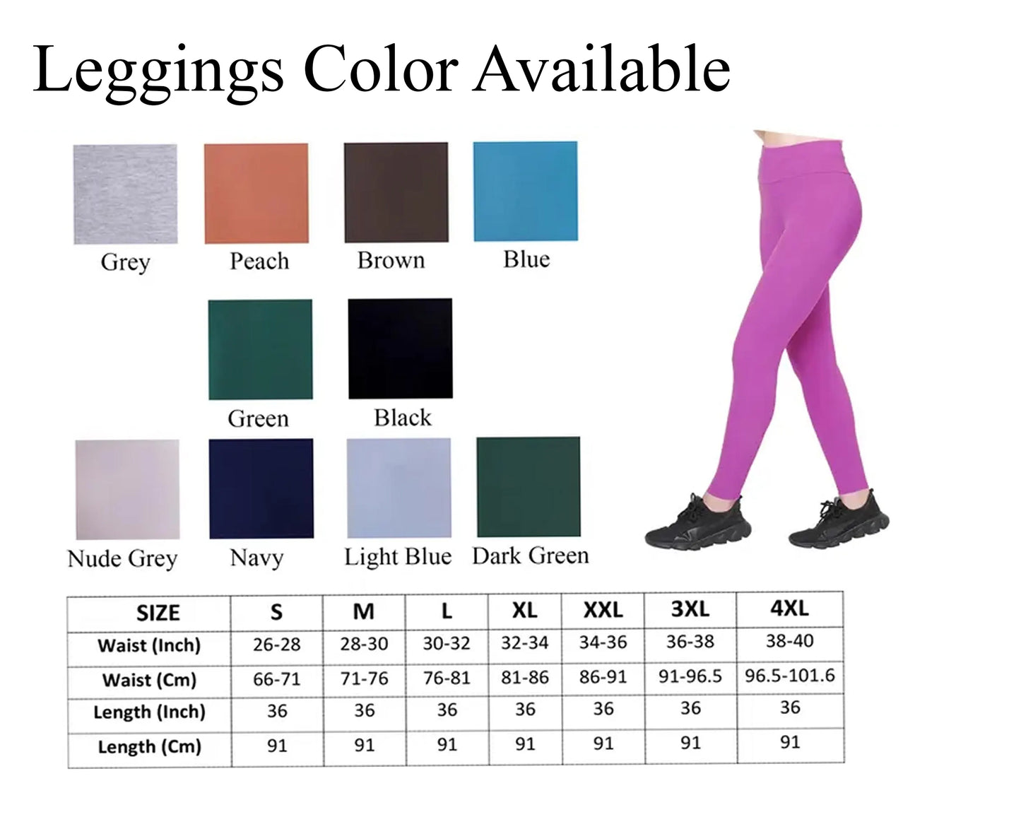 Color chart and size chart for leggings with a model wearing purple leggings.