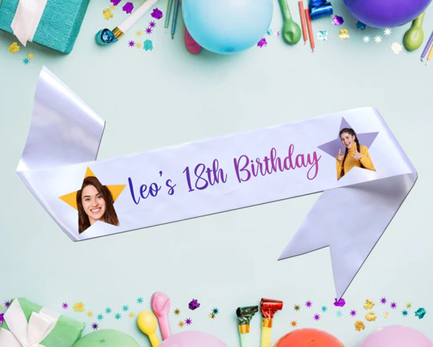 White ribbon with "Leo's 18th Birthday" in colorful script, decorated with two star-shaped cutouts containing photos of a young person.