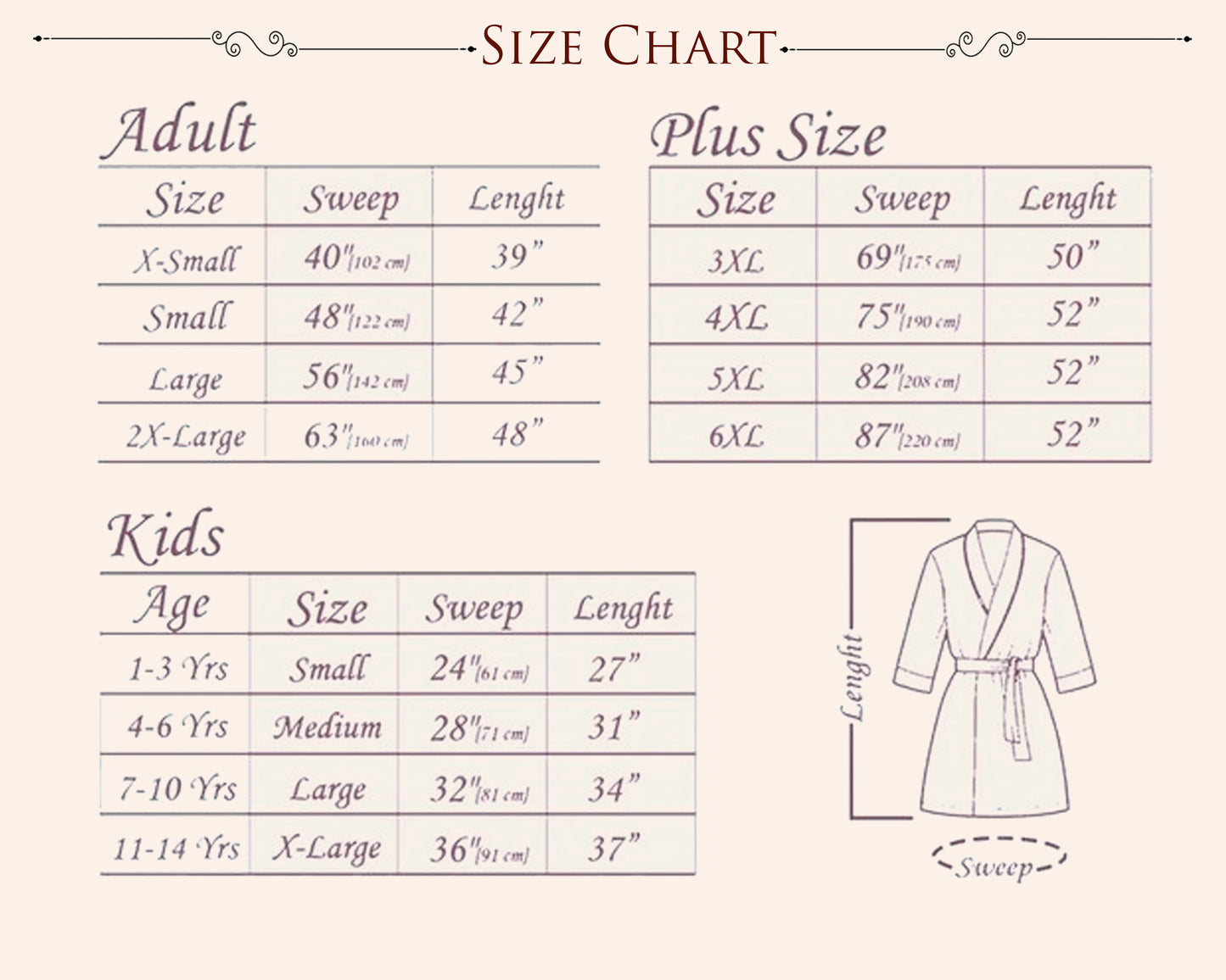Size chart for robes with adult, plus size, and kids' measurements.