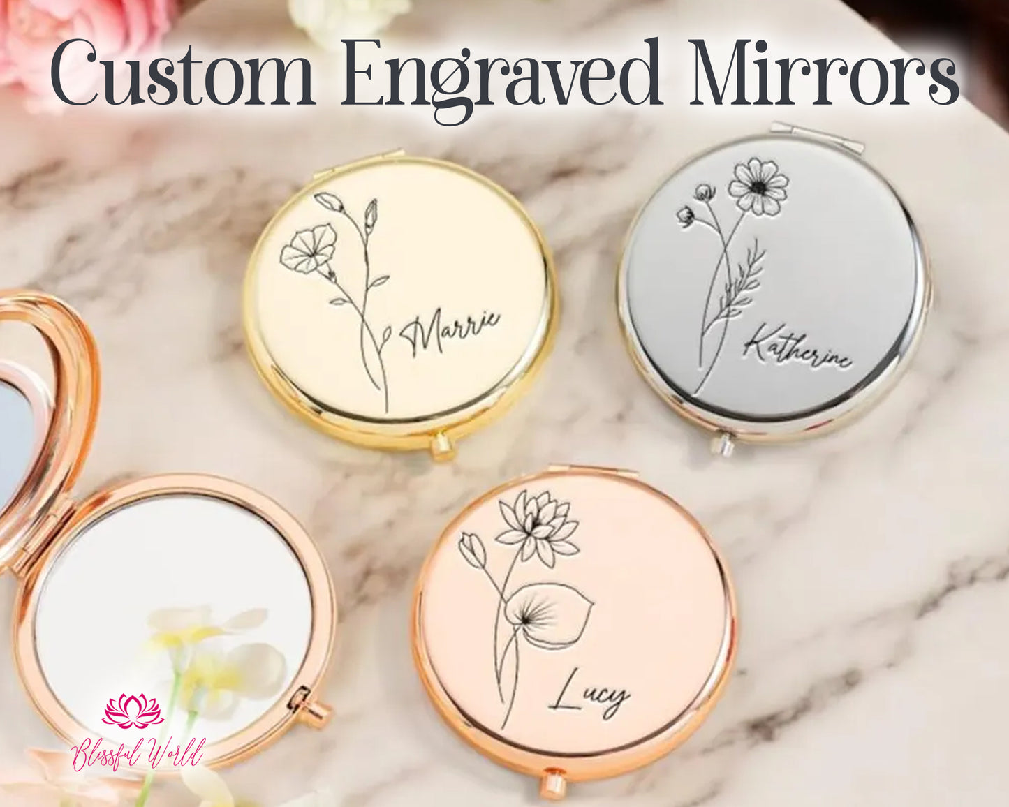 Custom Engraved Gold Calligraphy Mirrored Compact Compact with Mirror Custom Compact