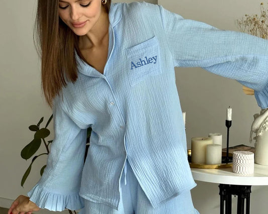 Women’s muslin pajama set checkered cotton loungewear with ruffles Bridesmaid linen pajamas Bride linen set