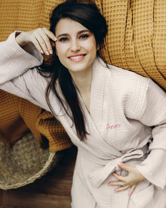 Cotton Robe Personalized Bathrobe Custom Dressing Gown Women's Muslin Robe Embroidery Robes
