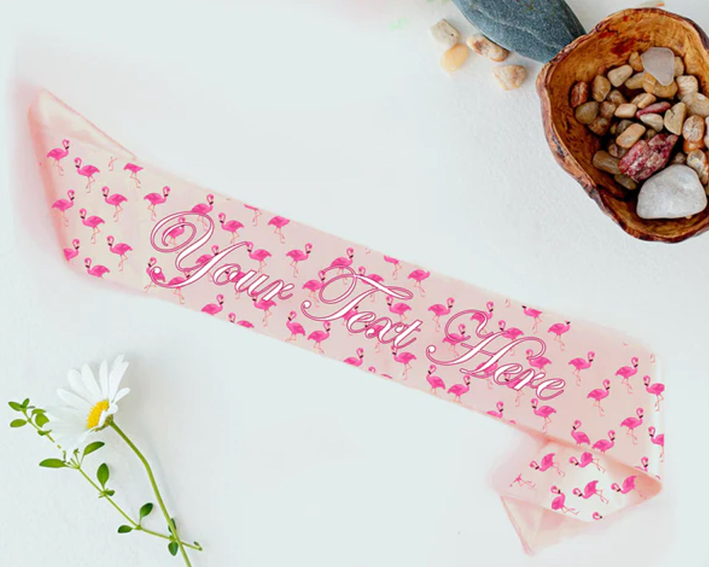 Pink Flamingo Print Custom Sash with personalized text, perfect for tropical parties, beach weddings, and special events in the USA. Stylish and vibrant design for a blissful celebration.