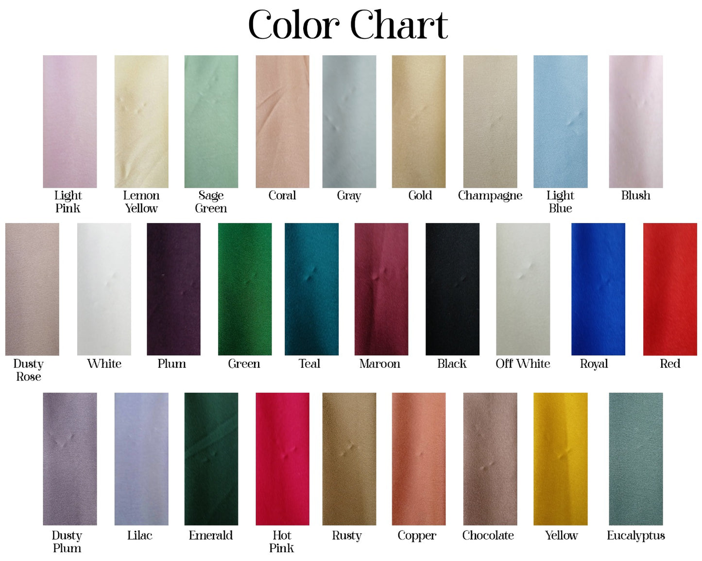 Color chart with various fabric swatches labeled with color names.