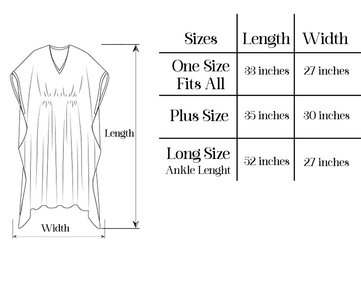 Measurement chart for a garment with sizes One Size Fits All, Plus Size, and Long Size, showing length and width dimensions.