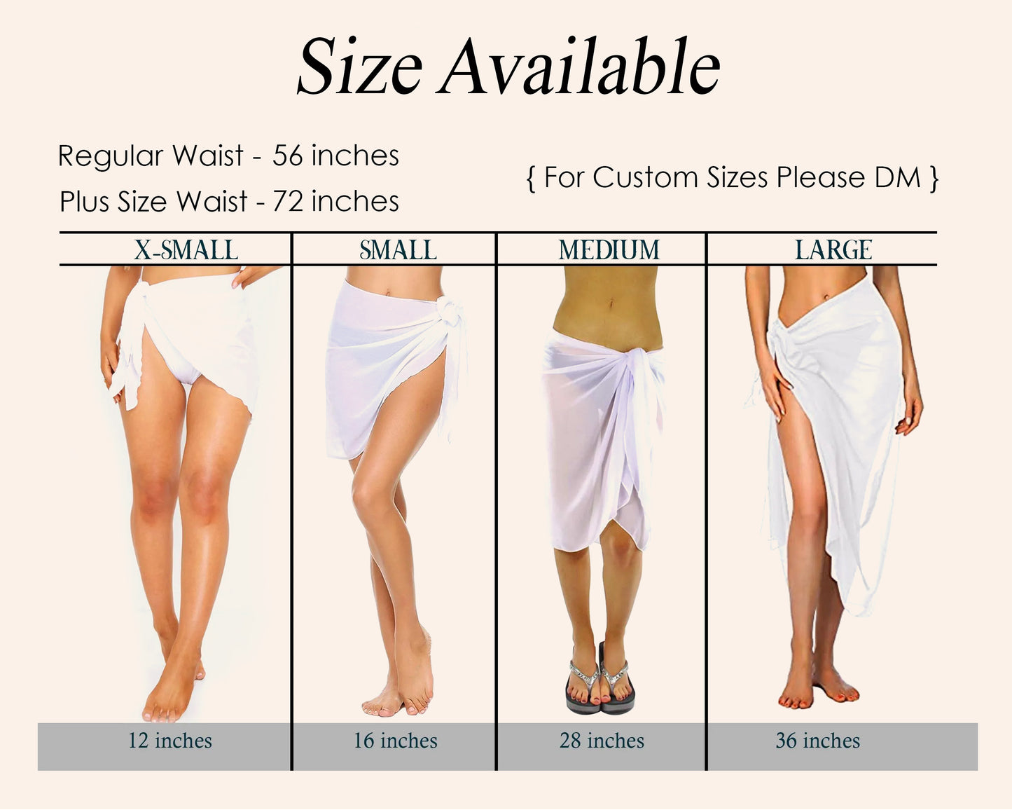 Measurement chart for a white wrap with size availability and measurements.