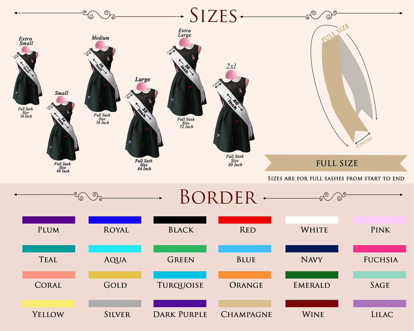 Sash size chart Boarder color available Usa