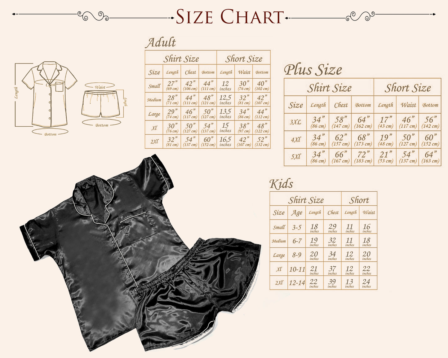 Women's summer short pajamas set size chart