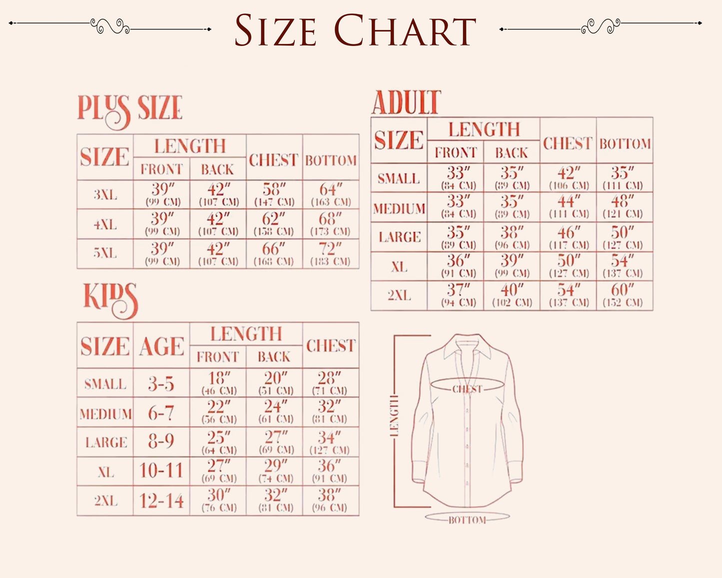 Women's sleepshirt size chart guide