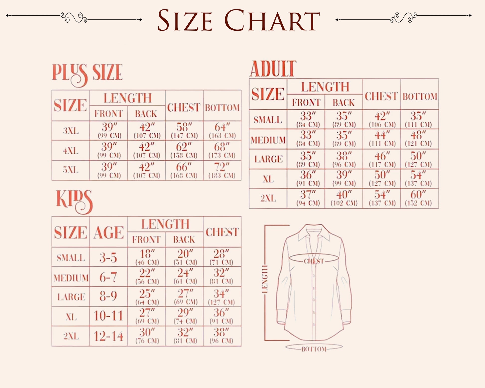 Women's sleepshirt size chart guide