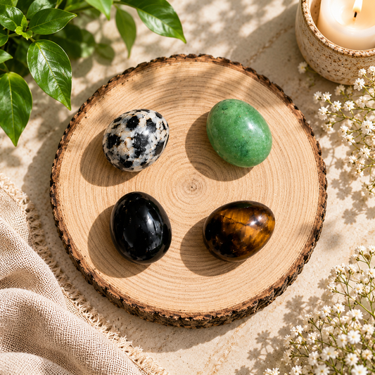 Four polished crystal eggs arranged on a round wood slice tray, with a green stone, black stone, mottled white-and-black stone, and brown tiger's eye stone. The tray sits on a beige fabric surface with leaves, small white flowers, and a lit candle in the background.