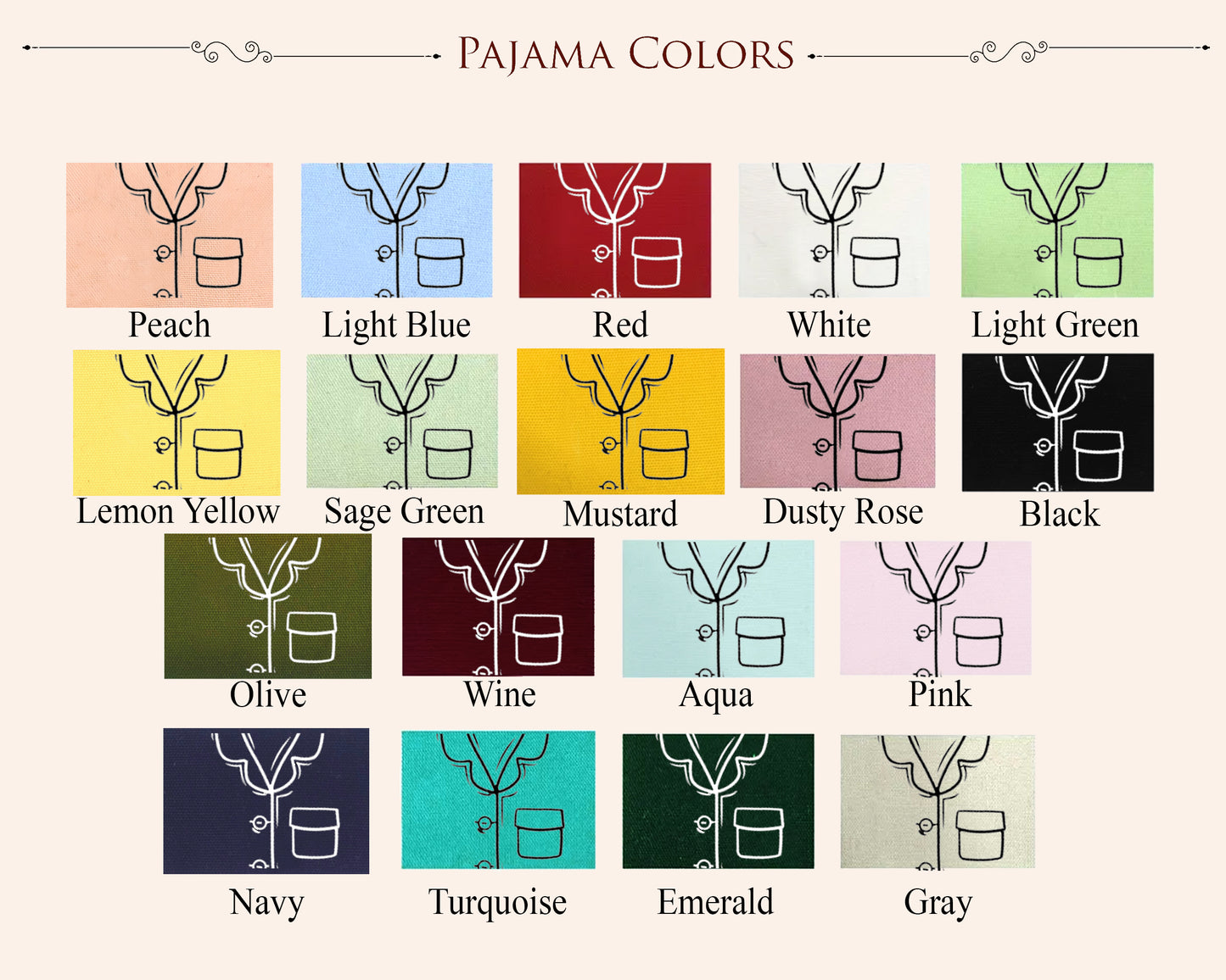 Chart of pajama colors with corresponding color swatches.