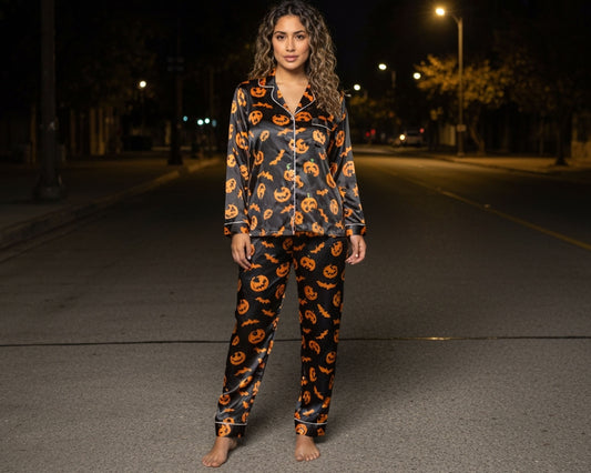 Woman wearing Halloween-themed pajamas on a street at night.