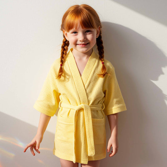 Little girl with braids wearing a yellow waffle robe smiling brightly