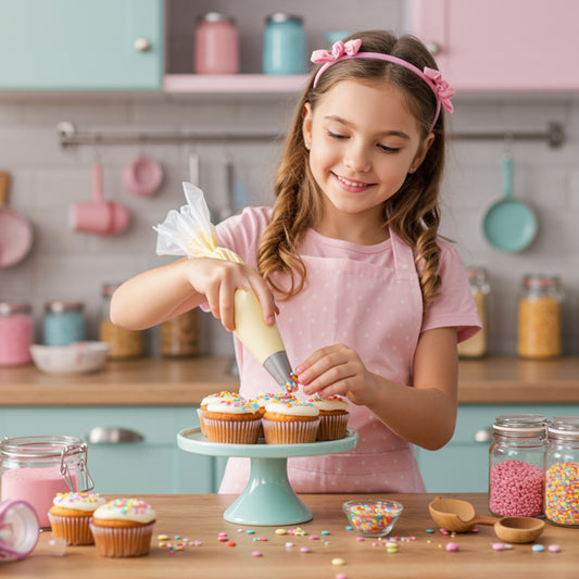 Girl decorating cupcakes wearing cotton apron