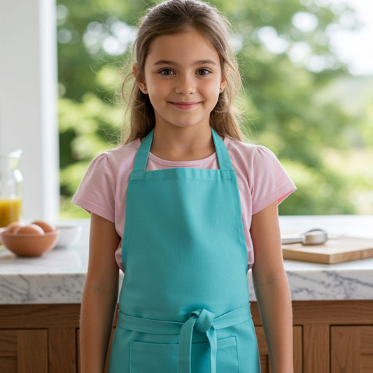 girl wearing teal cotton kids apron in kitchen