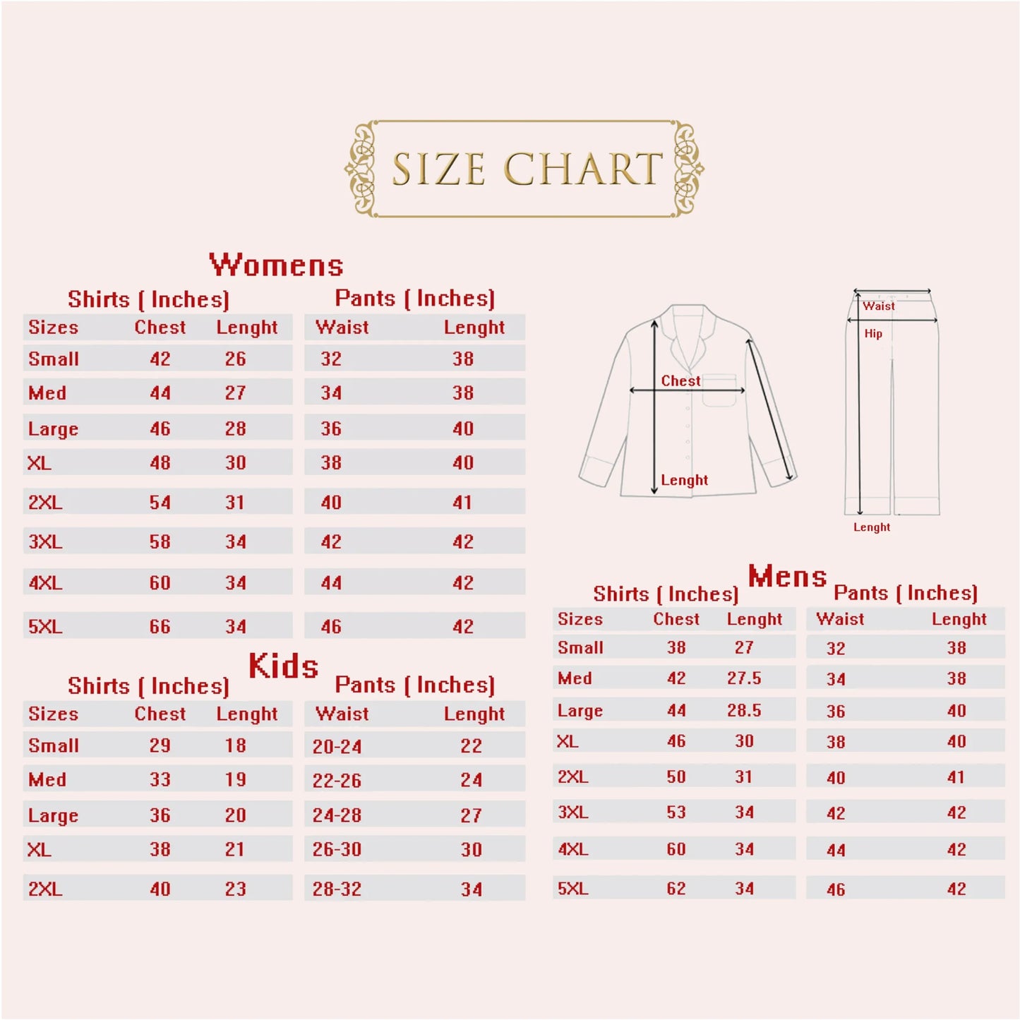 Size chart for women, men, and kids with measurements in inches.