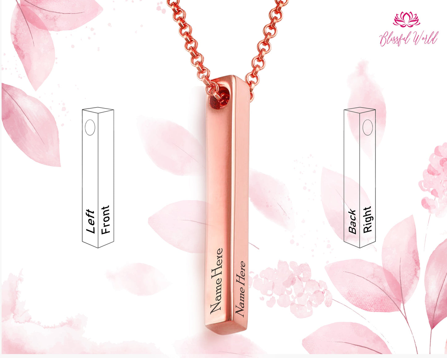 Personalised Bar Necklace, Custom Engraved Name 3D Vertical Bar Necklace Customise Name Necklace Stainless Steel Pendant Jewellery Gifts
