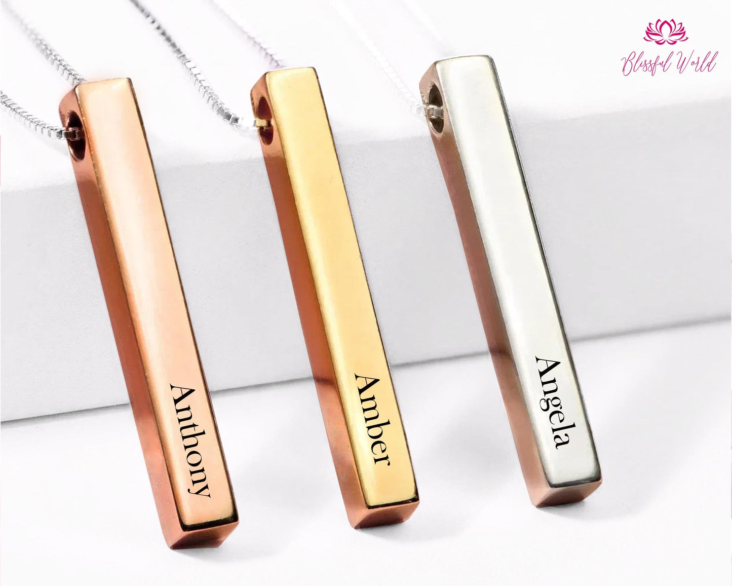 Custom Bar Necklace for Women 4 Sides Personalized Necklace 3D Bar Necklace Personalized 3d Necklace Personalize Christmas Gift for Mom