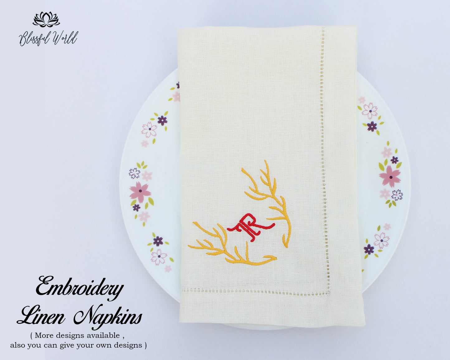 Custom Napkin for Housewarming Gift floral napkins botanical embroidery