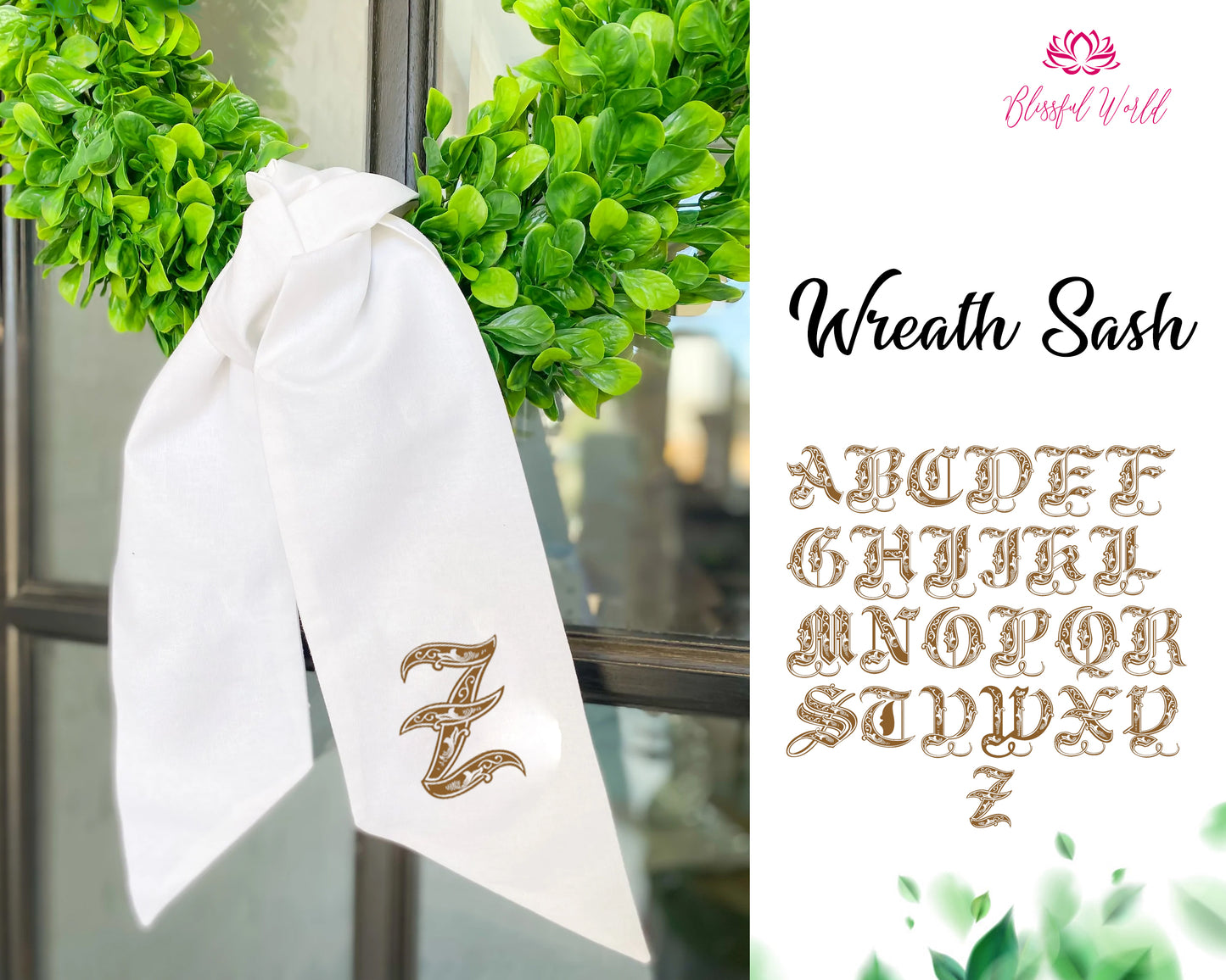 Monogrammed Lined Initial Wreath Sash SHIPS FAST Best Seller Southern Home Accent Wedding & Holiday Gift Romanesque