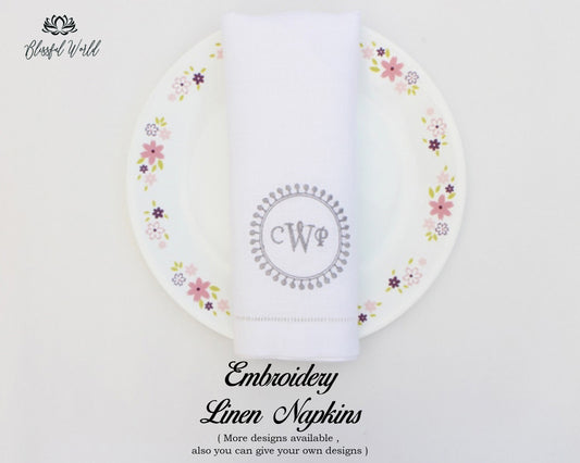 Hand Embroidered Linen Napkins Custom Linen Napkin Personalized Linen Napkin Hemstitched Linen Napkin
