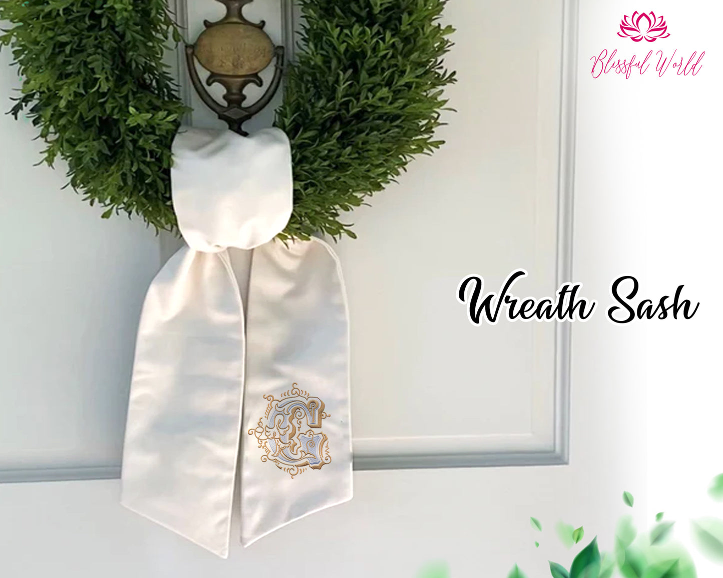 Monogram Wreath Sash Summer Front Porch Door Decor Personalized Front Door Wreath Wedding Sash Custom Embroidery Open Vine Font
