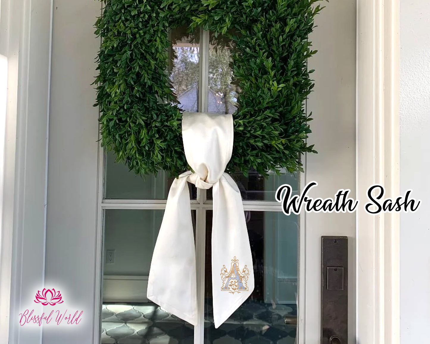 Hydrangea Wreath Sash Embroidered Front Door Decor Monogram Front Door Decor