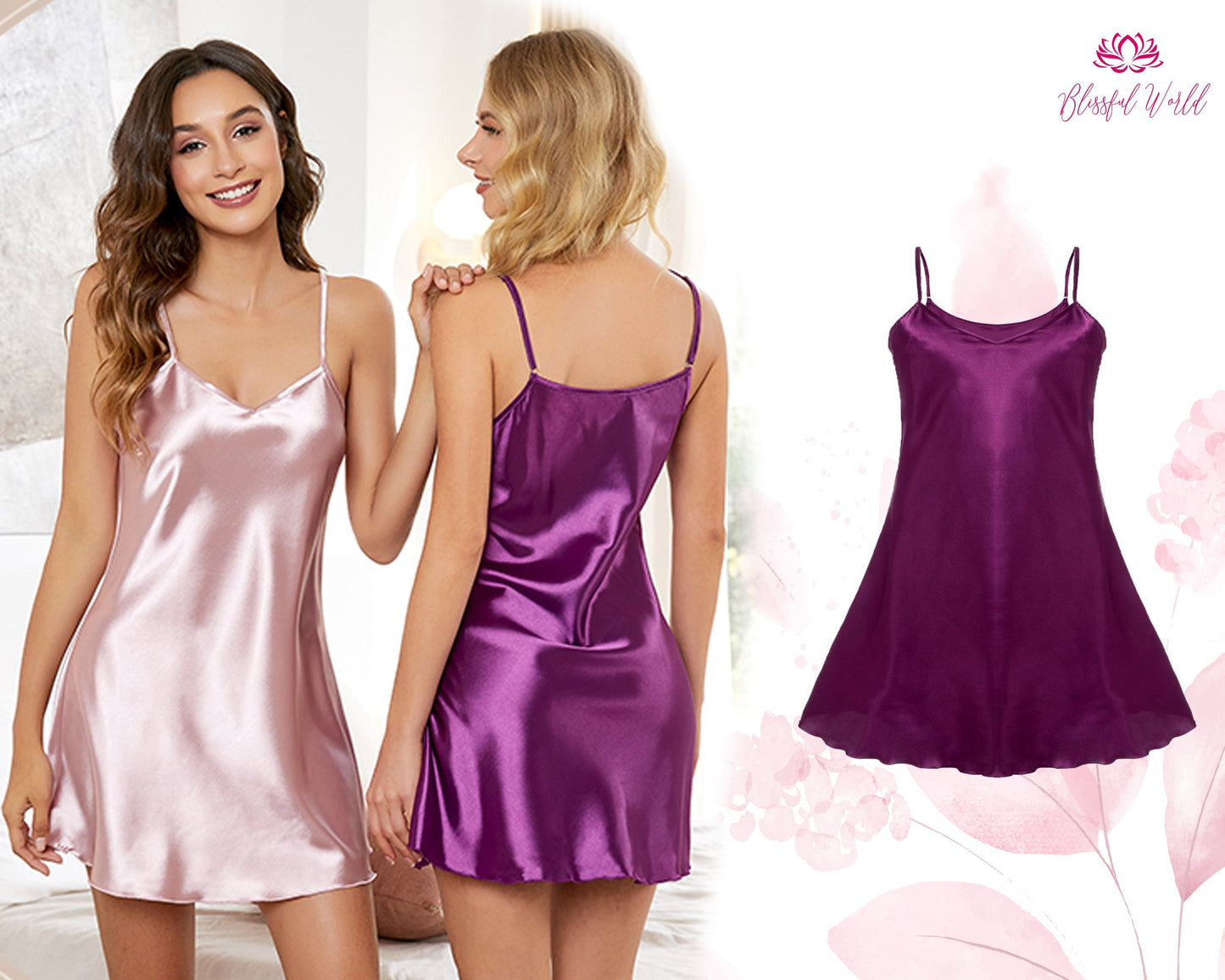 Nightgown made of high quality satin fabric and provides comfortable use with metal adjustment straps