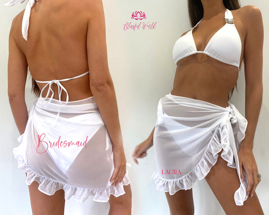 Beach pareo Women white Ruffle sarong wrap Swimsuit Bikini cover up